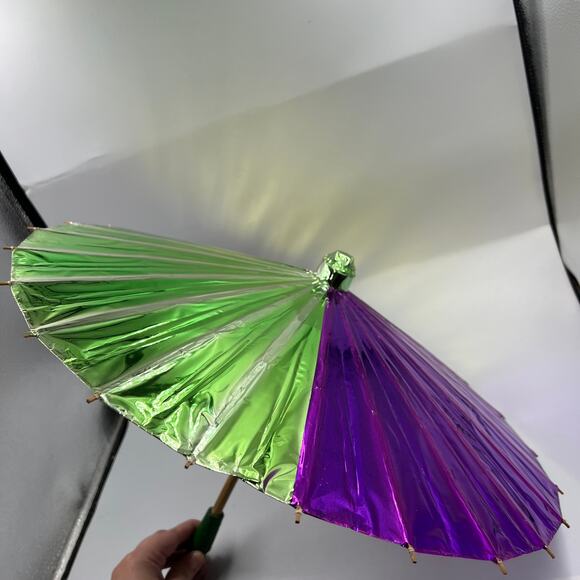 Vintage Shiny Metallic Asian Umbrella Decorative Purple Gold Green Geisha - Picture 4 of 9